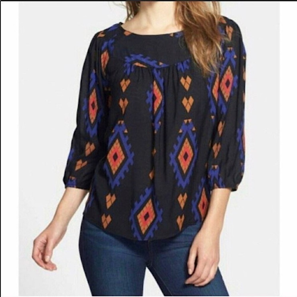 Lucky Brand Amelia Geometric Print Peasant Top SZ Medium‎ Black Blue Boho​ Aztec